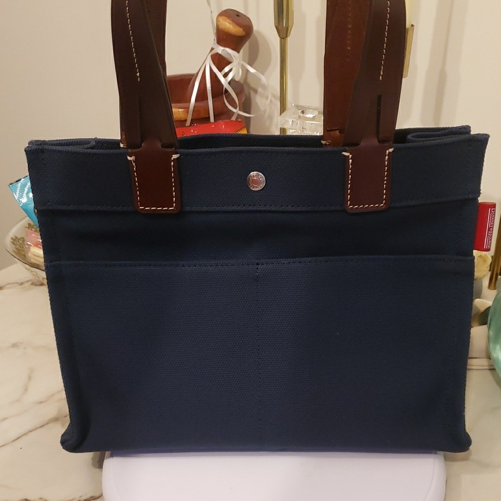 Dooney & Bourke Navy Canvas Tote with Brown Leather Handles - Picture 12 of 17